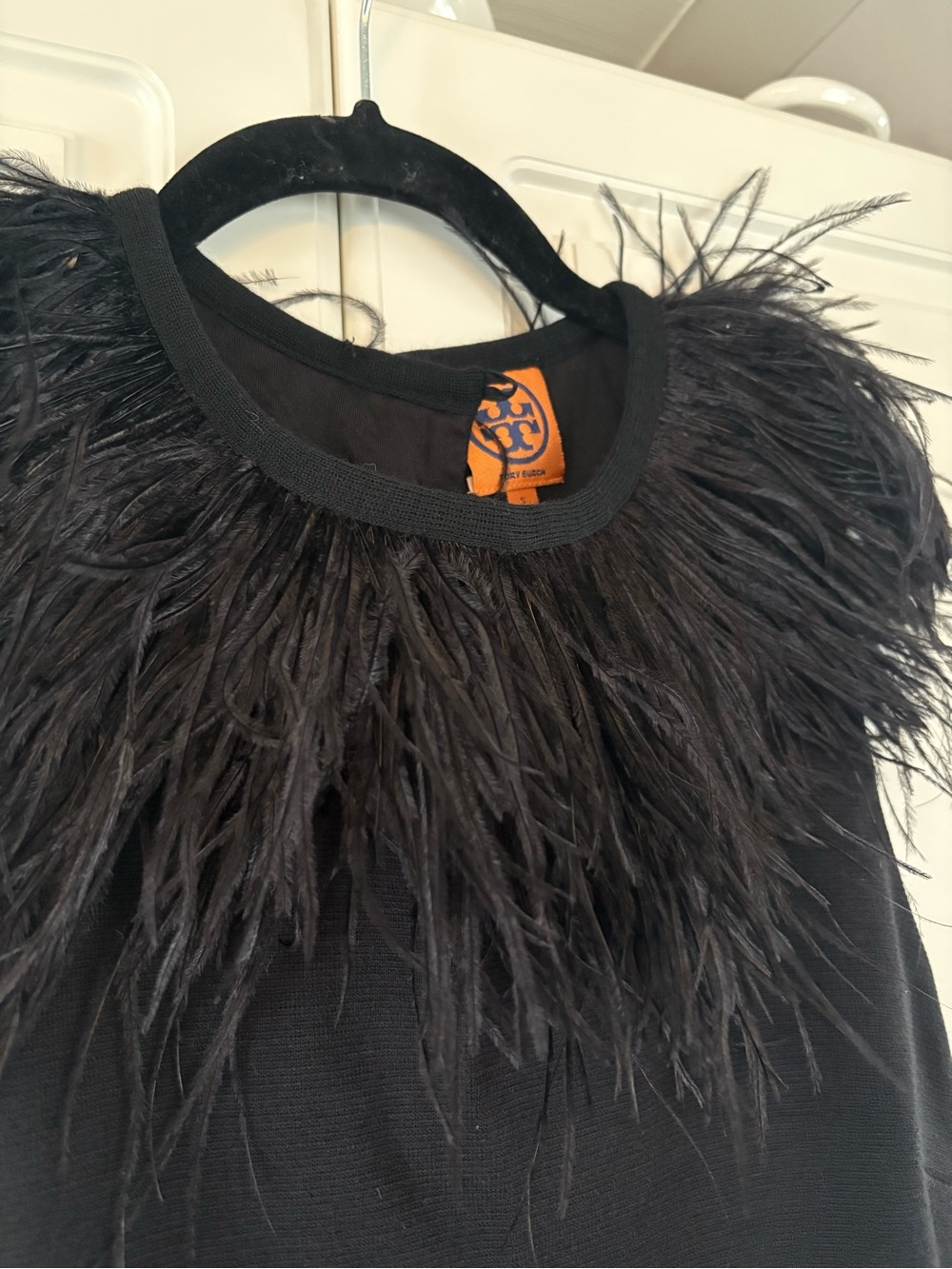 Tory Burch Black Ostrich Feather-Trim Midi Dress Size Small - Picture 5 of 10
